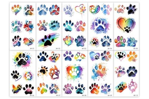 10 Hojas Tatuajes Temporales De Huellas De Gato Coloridos, Resistentes Al Agua Y De Larga Duración, Estilo Europeo Y Americano, Tatuajes Realistas De Huellas De Perro