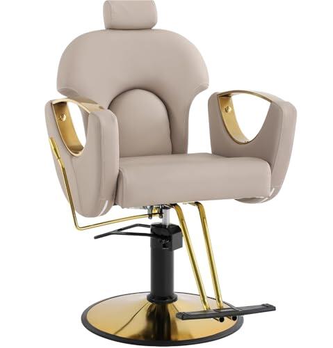 Drmilito Silla de peluquería Sillón Profesional Silla Barberia Giratoria 360°con Altura Regulable Reposacabezas Ajustable y Reposapiés para Salón de SPA y Belleza, Barbería, Carga 150 kg (Beige)