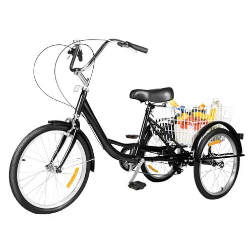 Mqwdxzfes Triciclo adulto de 20 pulgadas, 8 velocidades, bicicleta de 3 ruedas con cesta trasera grande, asiento ajustable y manillar, marco de acero de alto carbono, bicicleta para personas mayores
