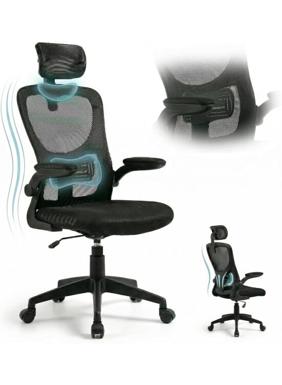 Pincho Silla Escritorio, Silla Ergonomica Escritorio, Office Chair, Ergonomic Office Chair con Malla, Sillon Oficina con Reposacabezas y Reposabrazos - Negra, Base 5 Ruedas, Altura Regulable
