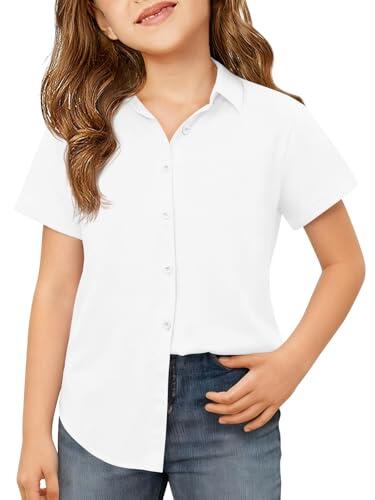 Haloumoning Blusas para niña, manga corta, con botones, camisa para niños, monocolor, con botones, básica, corte regular, uniforme escolar, 5-14 años, Blanco, 9-10 años