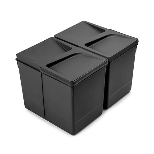 EMUCA - Contenedores para cajón de cocina, Cubos de reciclaje para base tecortable, H 266 mm (2 x 15 L), Plástico negro