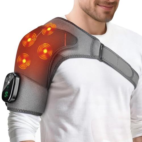 Almohadilla de masaje para hombros inalámbrica – Férula con pantalla táctil, 5 niveles de calor, 5 modos de vibración, temporizador, batería de 5000 mAh y 4 motores
