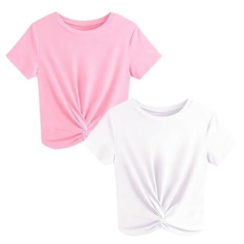 Gumyoss Camisetas de Manga Corta para Niña Twisted Front Cuello Redondo Camiseta Niñas Blusa Tops Rosa+Blanco 11-12 años