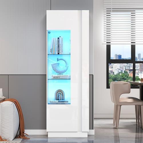 Vitrina de cristal con iluminación LED, 70 x 35 x 150 cm, color blanco y dorado, armario de vitrina con cajones y estantes ajustables, vitrina de pie para salón, comedor y pasillo, vitrina iluminada