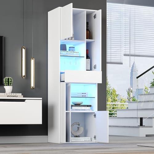 Vitrina de cristal y vitrina con iluminación LED controlada por aplicación, armario de 55 cm de ancho con 11 estantes y cajón, armario alto blanco brillante, armario multifunción con bloqueo