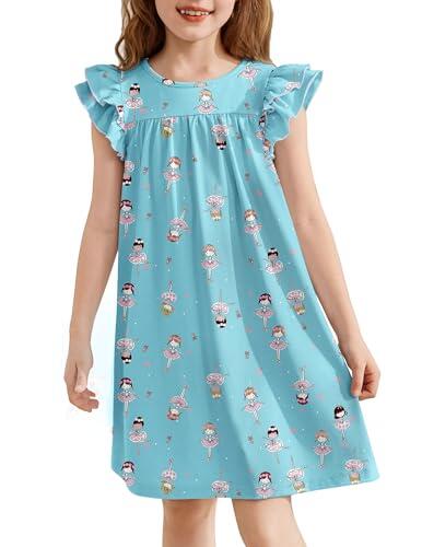 Arshiner Camisón para Niña con Mangas Volantes Vestido de Dormir para Niñas Verano Pijama de Manga Corta Cuello Redondo 5-6 Años Chicas-Azules