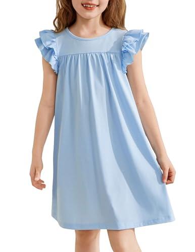 Arshiner Camisón para Niña con Mangas Volantes Vestido de Dormir para Niñas Verano Pijama de Manga Corta Cuello Redondo 9-10 Años Azul
