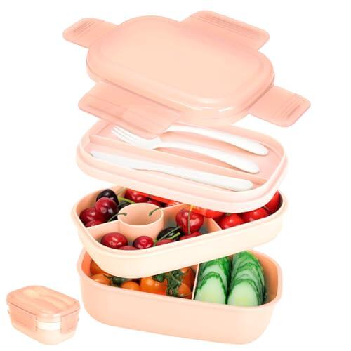 VINATO Fiambrera 1900ml con 3 Compartimentos y Cubiertos, Fiambrera Comida Trabajo, sin BPA, Aptos para Microondas y Lavavajillas, Caja Bento para Oficina, Escuela o Acampadas (Rosa)