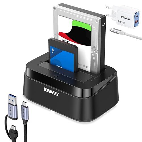BENFEI Estación de Acoplamiento para Disco Duro con Función de Clonación Offline UASP, Bahía Dual USB C para HDD SSD de 2.5/3.5 Pulgadas, hasta 5Gbps | Instalación sin Herramientas