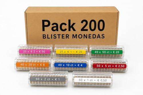 Desk Material | 200 Blíster para Monedas Euro – 25 x Céntimo 1, 2 y 5 | 25 x 10, 20 y 50 Céntimos | 25 x 1 Euro | 25 x 2 Euros | Organizador y Clasificador de Monedas