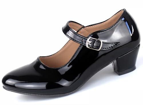 Zapatos Flamenco Niña Baile Danza Sevillanas con Tacón Correa Ajustable, Suela Antideslizante Negro Brillante, Talla 29