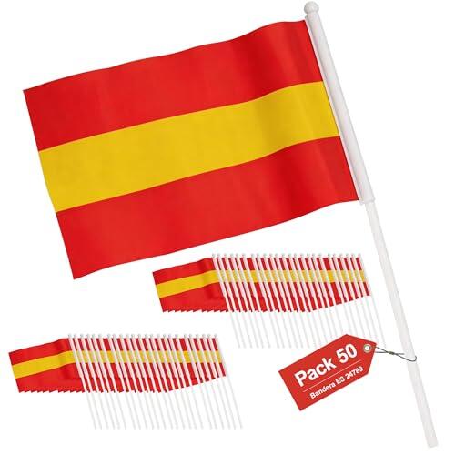 Gokoi, Pack 50 Unidades, Bandera de Mano España, Poliéster Resistente, Colores Vivos, Ideal para Eventos Deportivos, Celebraciones y Decoración, 21x14CM