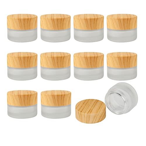 20Pack Empty Frosted Glass Cosmetic Cream Jar Bottle with Plastic Wood Grain Lid and Inner Liners For Travel DIY Lip Scrub Balm Lotions Sample (10g)