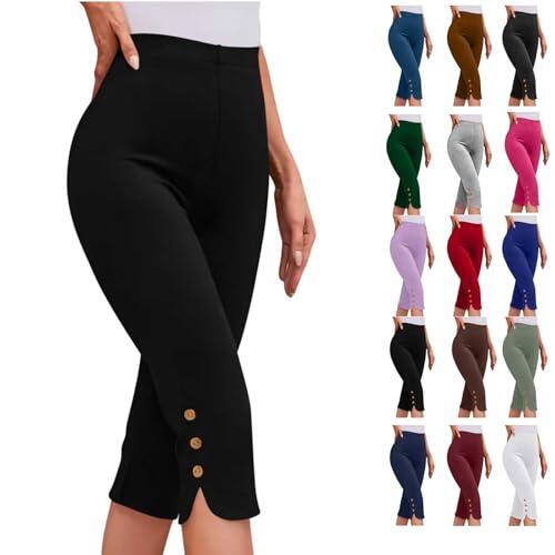 2026 Leggins Deportivos Mujer, Leggings Capri para Mujer Cintura Alta Leggings 3/4 Elásticos Pantalones con Botónes Slim Fit de Color Sólido Verano Leggins Yoga Fitness