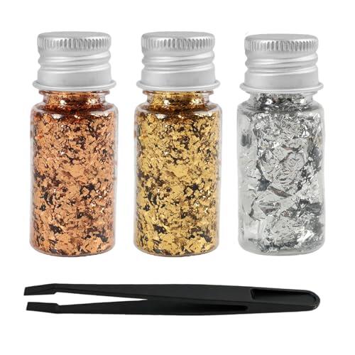 Set de Papel de Oro en 3 Botellas,DIY, Nail Art, 3 Colores (Oro, Plata, Oro Rosa) con Pinzas, Purpurina Metálica para Resina, Maquillaje y Pintura de Uñas, Repostería, Manualidades Creativas