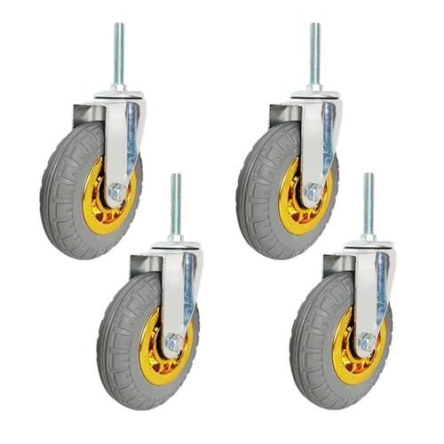 Vástago Ruedas Giro Freno Goma, Ruedas giratorias con vástago roscado M12x60mm, de goma freno, 3-5 pulgadas, paquete 4(Swivel,125mm)