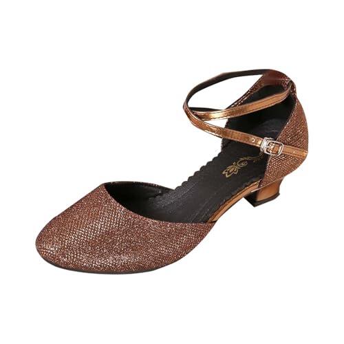 Zapatos altos para mujer elegantes y brillantes zapatos de baile latino con lazo frontal, suela suave acolchada y cierre de hebilla seguro, marrón, 42 EU