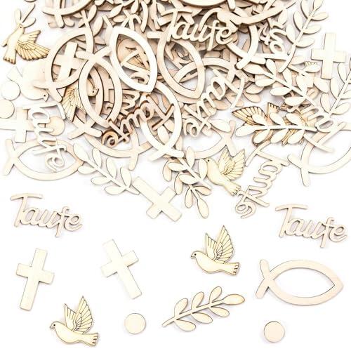 200 Piezas Decoración de Mesa Bautizo y Comunión, Confeti de Madera con Cruz, Pez, Paloma, Letras Taufe, Adornos de Madera de Álamo 2,5cm para Decoración Bautismo Niño Niña y Confirmación
