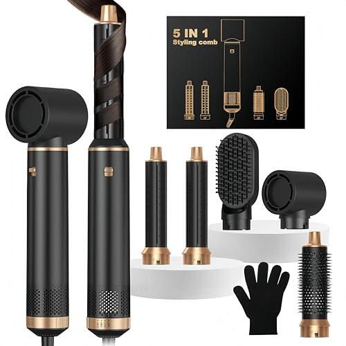 Cepillo Moldeador Secador de Pelo Ionico 5 en 1 Hairstyler Airstyler Cepillo de Aire Caliente Peine 1000W Secador Pelo con Aire Cilindros Rizadores Voluminizador Cepillo Redondo Alisador, Negro/Oro