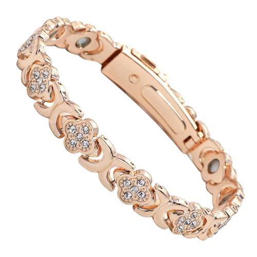 JIEBWCHA Pulsera Magnética De Cobre para Mujer, Brazalete Magnético Femenino, Bisutería Ajustable Brillo Trébol De Cuatro Hojas, Pulseras para La Salud De La Mujer para Bodas, Cumpleaños, Navidad