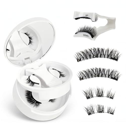 Set de 2 Pares de Pestañas Postizas Magneticas sin Eyeliner - Sin Pegamento con 3 Imanes y Punto Plateado para Distinguir - Aspecto Natural 3D, Reutilizables - Incluye Aplicador y Estuche con Espejo