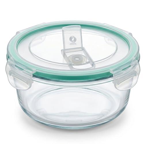 Otyma Fiambrera de Vidrio Hermética Rectangular con Válvula | Tupper Cristal Pequeño Antiderrames | Apto Microondas, Horno y Congelador (Redonda, 600, Mililitros)