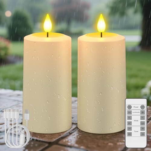 SoulBay Velas recargables impermeables, 2 velas de batería LED sin llama USB-C con control remoto y temporizador, velas de pilar de larga duración de 90 a 200 horas para decoración de jardín, patio