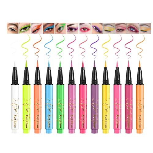 Set de 12 delineadores de ojos neón, kit de rotuladores de pintura facial neón con brillo UV, rotulador delineador de ojos líquido con brillo en la oscuridad rotuladores de maquillaje fluorescente UV