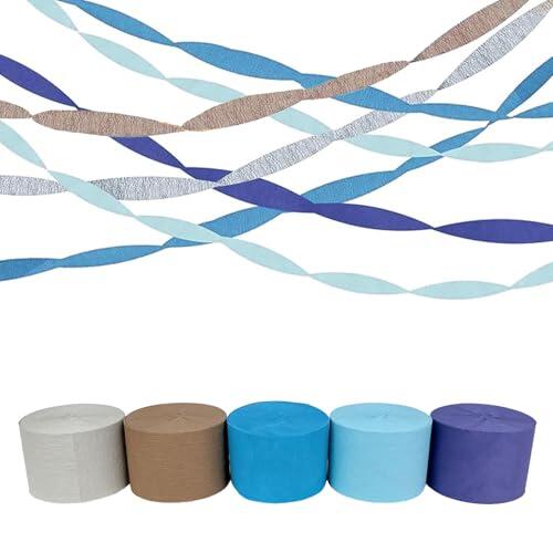 Floruvia 5 Rollos de Papel Crepe en Azul Polvoriento, Gris y Plata para Decoraciones de Boda, Guirnalda de Papel para Algo Azul en Fiesta de Novia, Cumpleaños