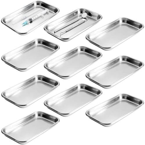 10 bandejas rectangulares para instrumentos de acero inoxidable, 22,5 x 11,7 x 2 cm, bandejas rectangulares, bandejas de laboratorio de acero inoxidable, pequeñas bandejas para servir laboratorio para