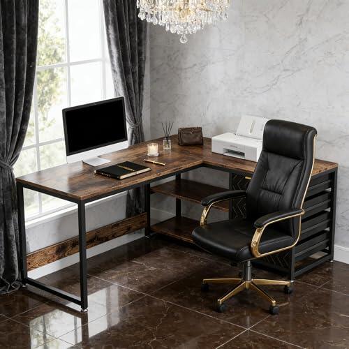 Escritorio esquinero de 150 x 110 cm, mesa de oficina en forma de L con 4 cajones y estante, mesa estable de metal y tablero de partículas, para ordenador y juegos, patas ajustables, color negro y
