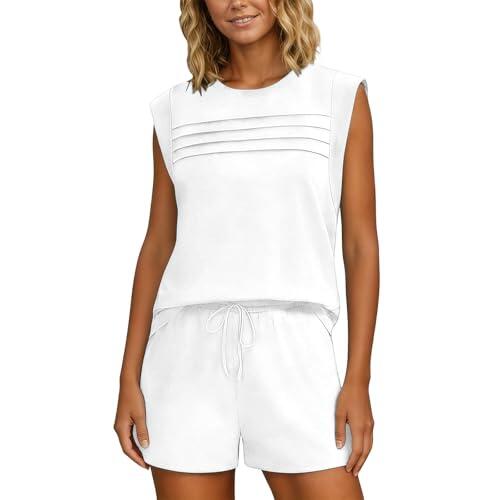 Generisch Conjunto de verano de dos piezas para mujer de camiseta y pantalones cortos, camiseta de manga corta con volantes y pantalones cortos con cordón, atuendo informal para días cálidos