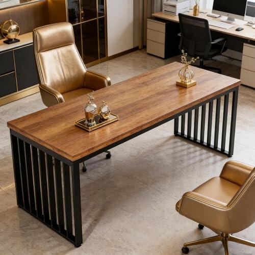 Mesa de oficina de 180 x 60 cm, mesa de ordenador para 2 personas, escritorio de oficina en casa con estructura de metal y tablero de partículas, mesa de trabajo estable para estudio y estudio, diseño
