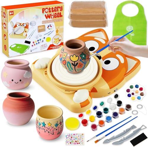 Torno Alfarero para Niños, Set Completo de Torno Ceramica para Principiantes, Kit Manualidades Creativo 6+ Años con 3 x Arcilla de Secado al Aire, Pottery Kit, Regalo para Niños y Niñas (Cachorro)