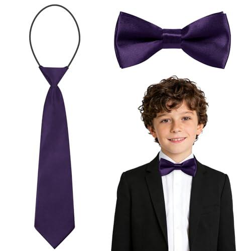URAQT Corbatas y Pajaritas de Satén para Niños,Set de 2 piezas de Corbata y Pajarita Preatada Infantil, Corbata Formal con Cordón Elástico y Pajarita Ajustables con Hebilla Preabrochada,Morado Oscuro