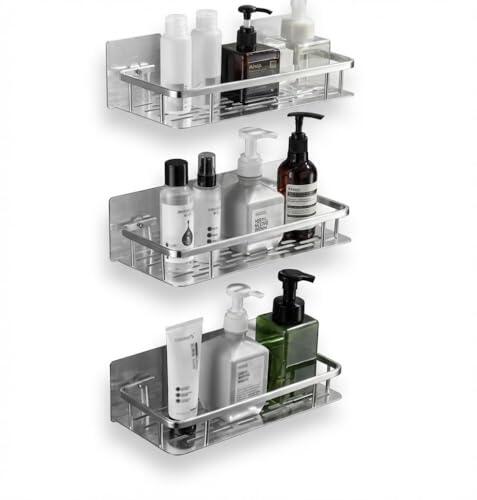 Genérico Estante de Baño de Acero Inoxidable, 3 Piezas, Adhesivo sin Taladro, Plateado, 31.5 x 12 cm, Montaje en Pared