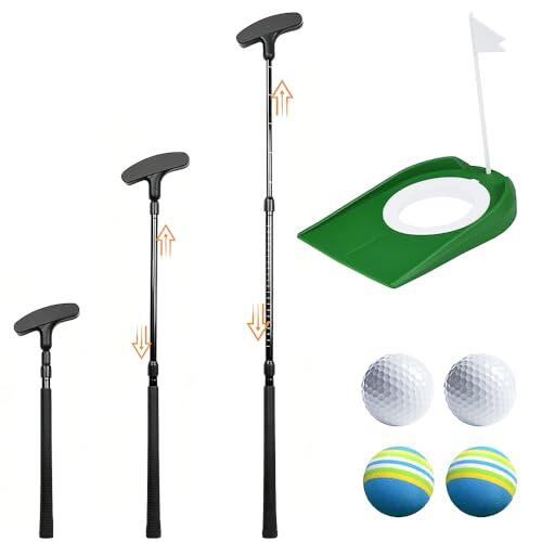 SKIKHN Putter de golf ajustable, 1 putter de golf con 4 bolas y 1 orificio para bandera, ambidiestro para zurdos y diestros, mini golf para el hogar, ideal para jóvenes y adultos, exterior e interior