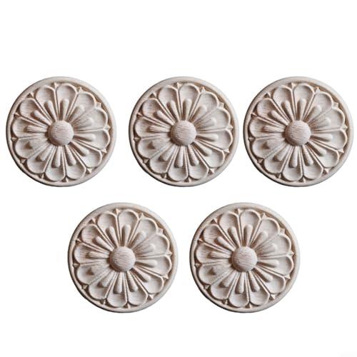 5 apliques redondos de madera hechos a mano para pegar, tallas de madera de caucho natural para manualidades, decoración de muebles, pared, cama, puerta, armario, sin barnizar, 8 x 8 cm
