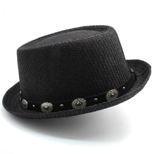 Sombrero Pork Pie Sombreros de Paja Estilo Cerdo for Hombre y Mujer, Sombreros Verano for el Sol, Gorras Marinero, Sombrero Fedora Playa, Trilby, for Viajes al Aire Libre Hombre(Black)