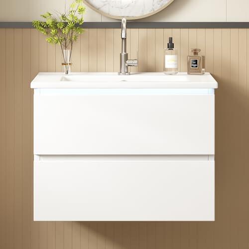 SACOOL 61 × 46 × 45 cm, lavabo colgante de pared, lacado de alta calidad, con sensor de radar, 2 cajones con rieles silenciosos, lavabo integrado, diseño minimalista, color blanco