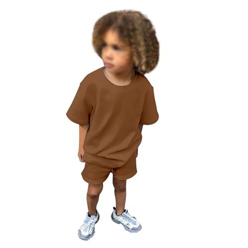 Ropa deportiva para niños y niñas, de algodón, 2 piezas, chándal de verano, ropa de verano de dos piezas, pantalones cortos, camiseta deportiva, juego de deporte, 2 piezas, ropa para niños, marrón, 12