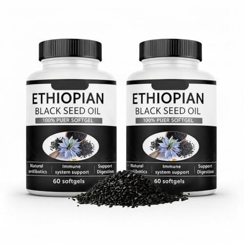 Cápsulas de aceite de semilla negra puramente etíope 4,64% de timoquinona, cápsulas blandas de aceite de semilla negra etíope puramente nutriente, prensado en frío orgánico, sin OMG, sin gluten, 60