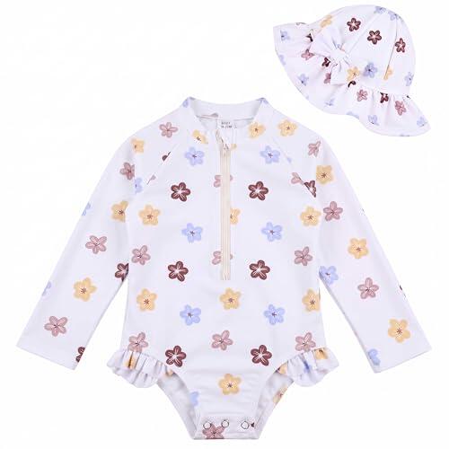 Traje De Baño para Niñas Pequeñas: Bañador con Gorro para El Sol y Manga Larga, Protección UPF 50+, con Cremallera, para Niñas De 3 a 36 Meses, Ideal para La Playa y La Piscina