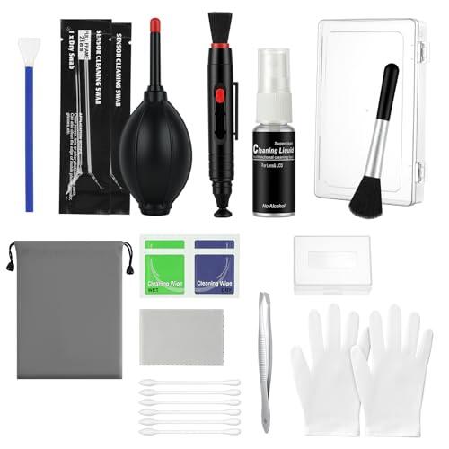 AXFEE Kit de Limpieza Profesional de Cámaras,19 en 1 Kit de Limpieza Cámara DSLR Réflex Digital,Equipado con Soplador de Polvo,Cepillo de Limpiezas,Paños de Microfibra,Líquido Limpiador y Estuche,etc