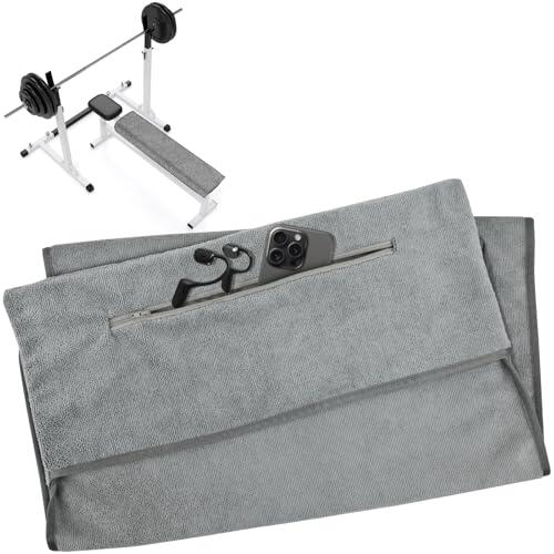 Gulxwis Toalla de Gimnasio con Cremallera 120 x 50 cm, Toalla Gym de Microfibra con Bolsillo, Capucha Antideslizante, Secado Rápido para Yoga, Fitness, Running y Entrenamiento, Hombre y Mujer