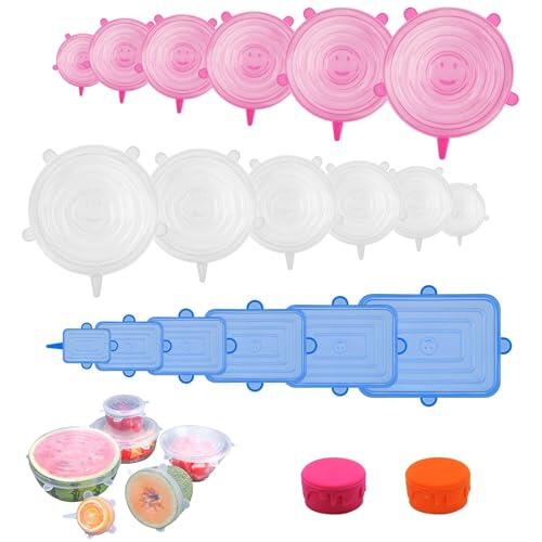 18 Piezas Tapas Silicona Ajustables Cocina, Reutilizable Tapas de Silicona Estirables en 6 Tamaños Diferentes, para Tarros, Cuencos, Botellas- Redondas y Rectangulares