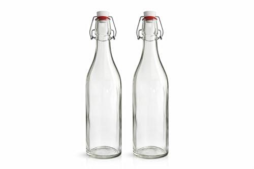 isigno Botellas de Vidrio 1L con Cierre Hermético Pack de 2 Botellas Reutilizables con Tapón de Clip Botella Cristal para Agua Zumo, Bebidas Caseras