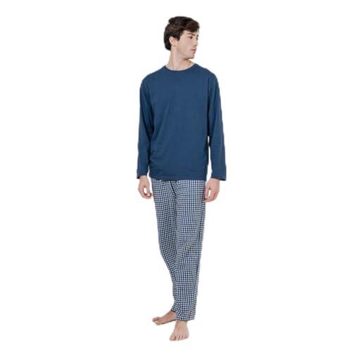 TRAMAS+ Pijama de Hombre Largo,100% Algodón, con Manga Larga y Pantalón Largo, Conjunto de Ropa para Dormir Entretiempo - L, Cuadro Joshua, Azul Marino