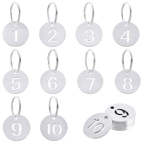 SUNNYCLUE 1 caja, 10 etiquetas Numeradas con Anillas, 304 etiquetas Numeradas Planas Redondas de Acero Inoxidable con Número Hueco, 1-10 llaveros Metálicos con Etiquetas para Identificación, Llaves de